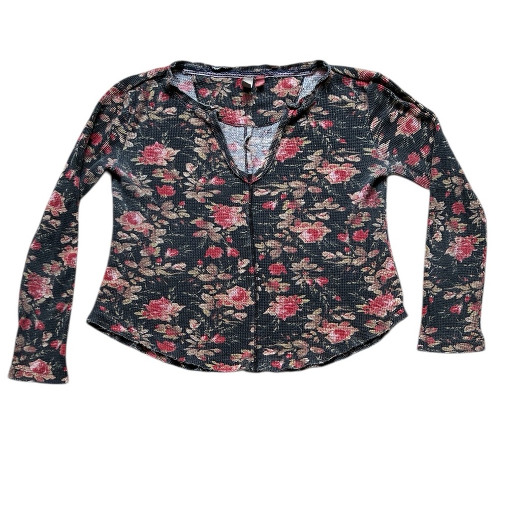 Anthropologie Pilcro Black Floral Split Neck Waffle Top Size XSP